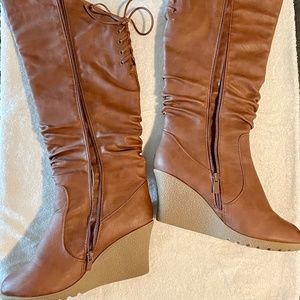 TOP Moda Tan Wedge Knee-High Boots with Slouch for Women